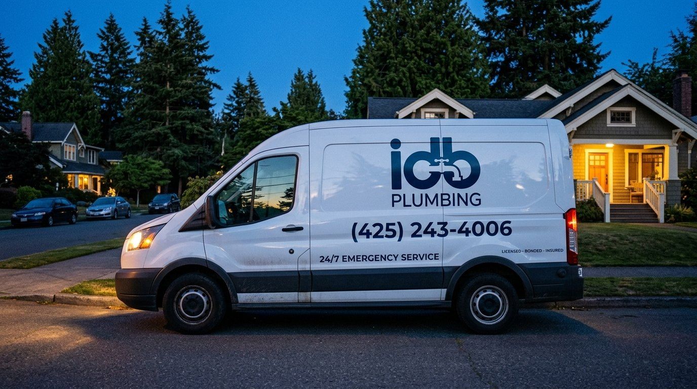 IDB Plumbing service van at dusk in a Washington neighborhood